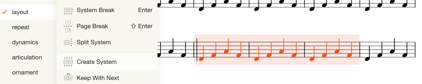 Music Notation User Guide Noteflight Music Notation Software - in the layout palette choose create system the selected measures now appear as one system in this example there are now system breaks before measure 19