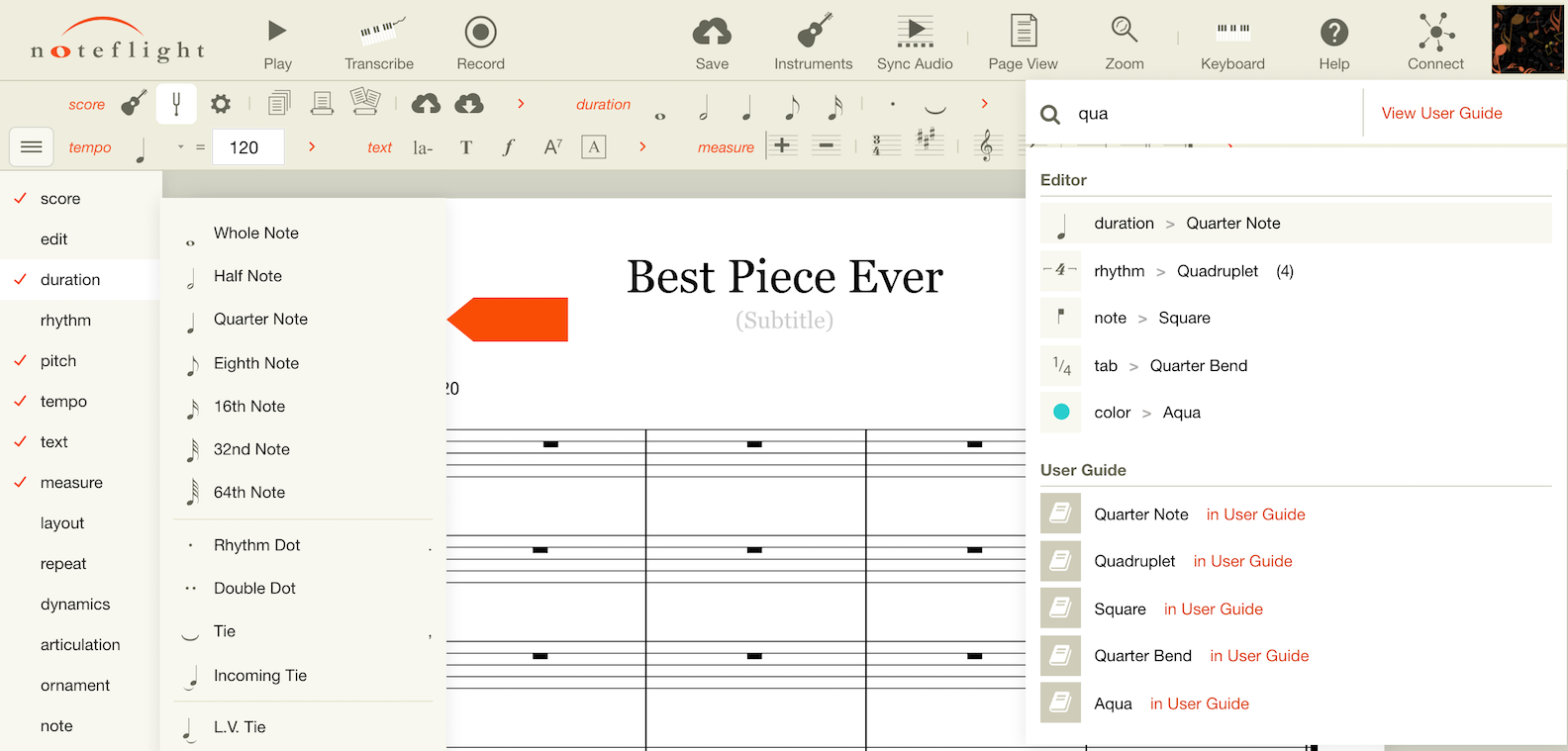 Music Notation User Guide Noteflight Music Notation Software - the user then hovers over quarter note to show its location in the duration palette and presses return enter to create the quarter note