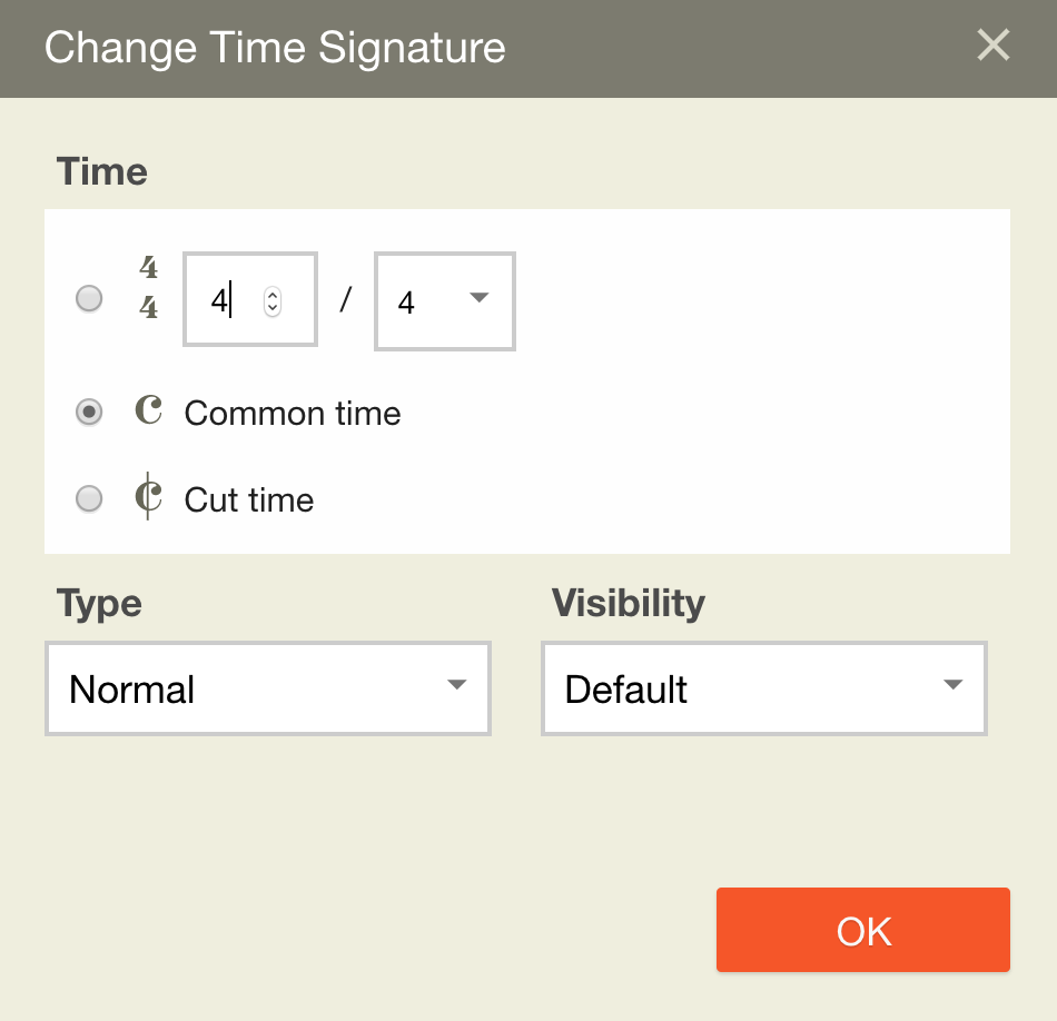 Music Notation User Guide Noteflight Music Notation Software - a pane is shown which allows you to specify the new time signature to apply to the selected range